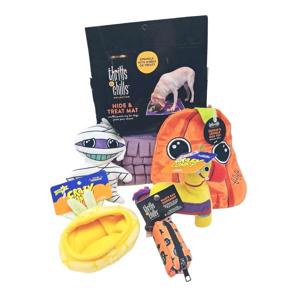 Halloween Dog Toy Bundle 6 Crinkle Squeaky Toys Treat Mat Waste Bag‎ Dispenser